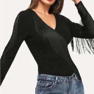 Black Fringe V-Neck Women's Top